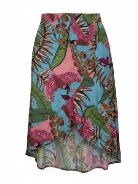Rachel Asymmetrical Tropical Print Skirt in Pink & Blue